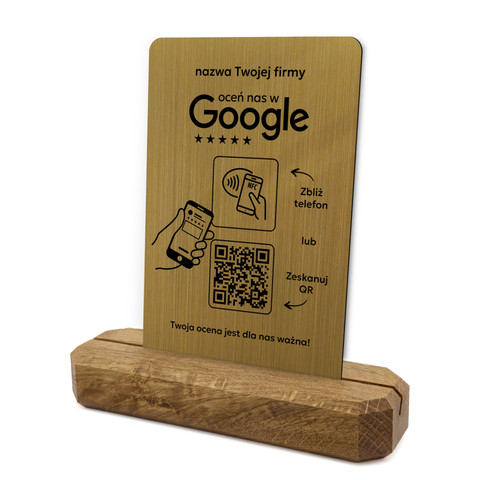 Stojak, prezenter z QR i NFC do zbierania opinii w Google, nazwa firmy, podkład dębowy, złoty klasyczny