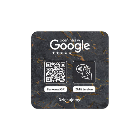 Podkładka na blat lub ladę z kodem QR i tagiem NFC do zbierania opinii w Google, ciemny marmur