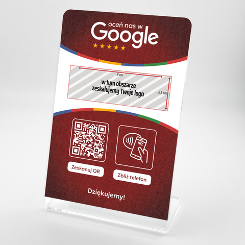 Stojak, prezenter gięty z QR, NFC i logo firmy do zbierania opinii w Google, czerwony