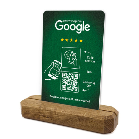 Stojak, prezenter z QR i NFC do zbierania opinii w Google, podstawa drewniana, zielony, wzór 1