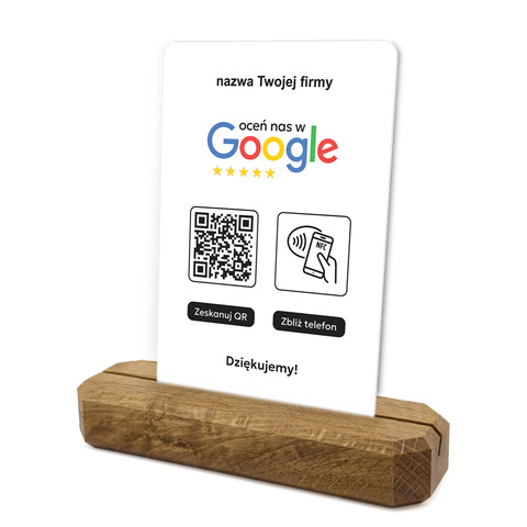 Stojak, prezenter z QR i NFC do zbierania opinii w Google, nazwa firmy, podkład dębowy, biały