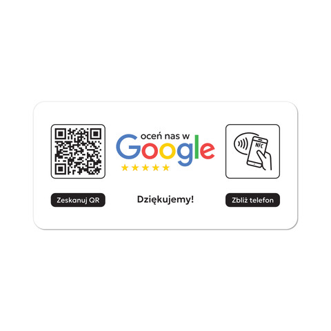 Tabliczka na drzwi lub ścianę z kodem QR i tagiem NFC do zbierania opinii w Google, biała