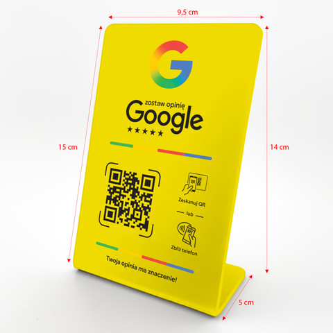 Stojak, prezenter gięty z QR i NFC do zbierania opinii w Google, żółty, wzór 1