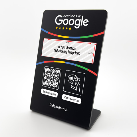 Stojak, prezenter gięty z QR, NFC i logo firmy do zbierania opinii w Google, czarny, wzór 1