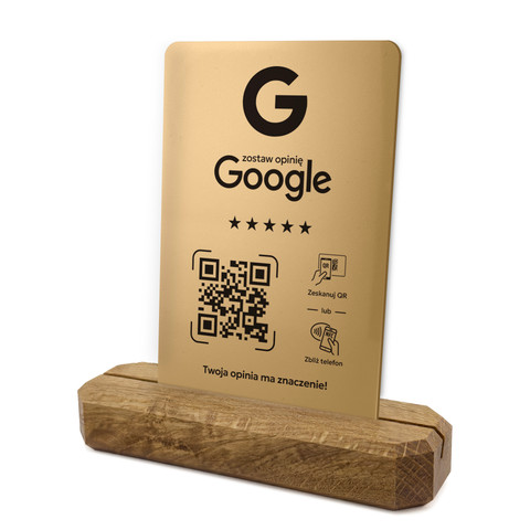 Stojak, prezenter z QR i NFC do zbierania opinii w Google, podstawa drewniana, złoty, wzór 3