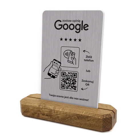 Stojak, prezenter z QR i NFC do zbierania opinii w Google, podstawa drewniana, szary, wzór 1