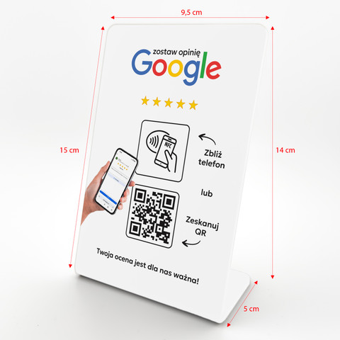 Stojak, prezenter gięty z QR i NFC do zbierania opinii w Google, biały, wzór 7