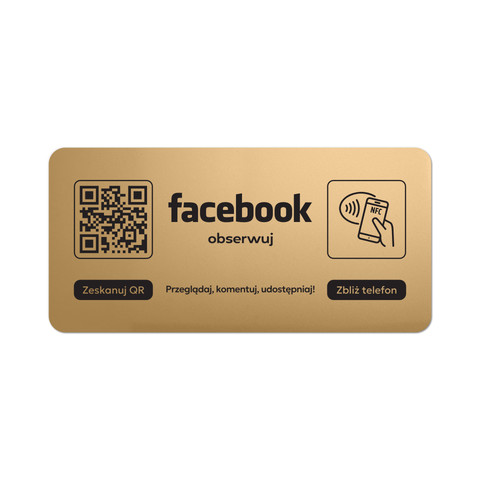 Tabliczka na drzwi lub ścianę z kodem QR i tagiem NFC do pozyskiwania obserwujących Facebook, złota