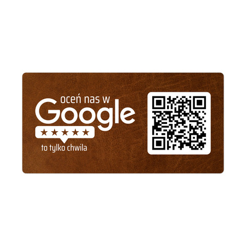 Metalowa tabliczka na drzwi lub ścianę z kodem QR do zbierania opinii w Google, skórzana