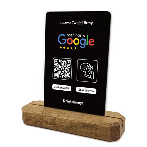 Stojak, prezenter z QR i NFC do zbierania opinii w Google, nazwa firmy, podkład dębowy, czarny