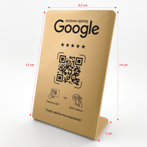 Stojak, prezenter gięty z QR i NFC do zbierania opinii w Google, złoty, wzór 4