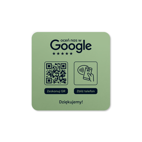 Podkładka na blat lub ladę z kodem QR i tagiem NFC do zbierania opinii w Google, oliwkowa