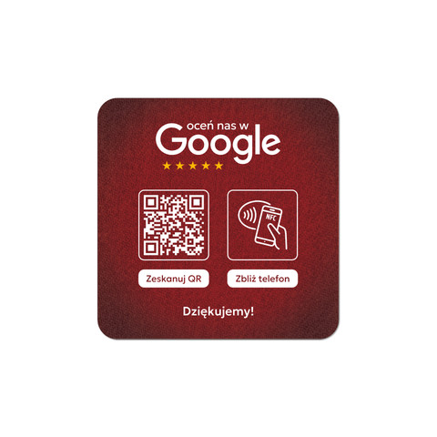 Podkładka na blat lub ladę z kodem QR i tagiem NFC do zbierania opinii w Google, czerwona