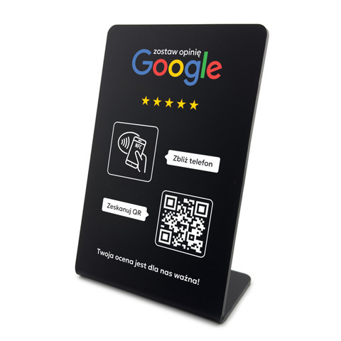 Stojak, prezenter gięty z QR i NFC do zbierania opinii w Google, czarny, wzór 2