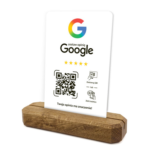 Stojak, prezenter z QR i NFC do zbierania opinii w Google, podstawa drewniana, biały, wzór 3