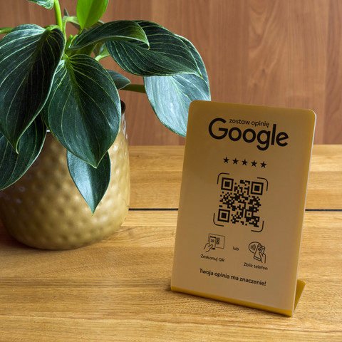 Stojak, prezenter gięty z QR i NFC do zbierania opinii w Google, złoty, wzór 4