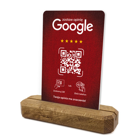 Stojak, prezenter z QR i NFC do zbierania opinii w Google, podstawa drewniana, czerwony, wzór 4