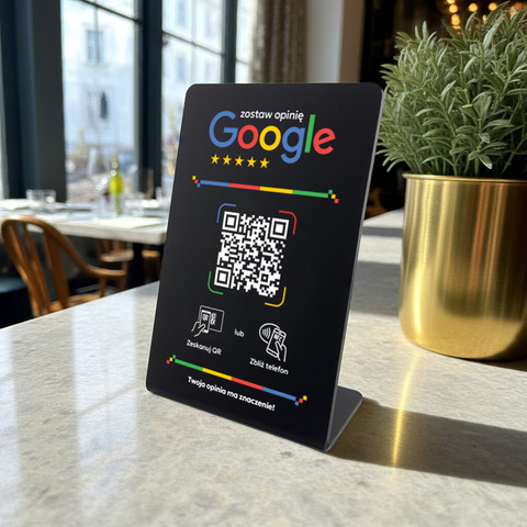 Stojak, prezenter gięty z QR i NFC do zbierania opinii w Google, czarny, wzór 2