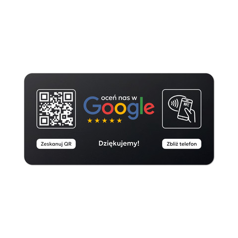 Tabliczka na drzwi lub ścianę z kodem QR i tagiem NFC do zbierania opinii w Google, czarna