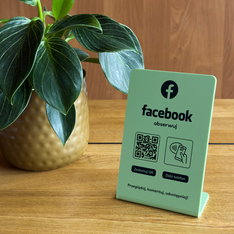 Stojak, prezenter gięty z QR i NFC do pozyskiwania obserwujących Facebook, oliwkowy, wzór 1