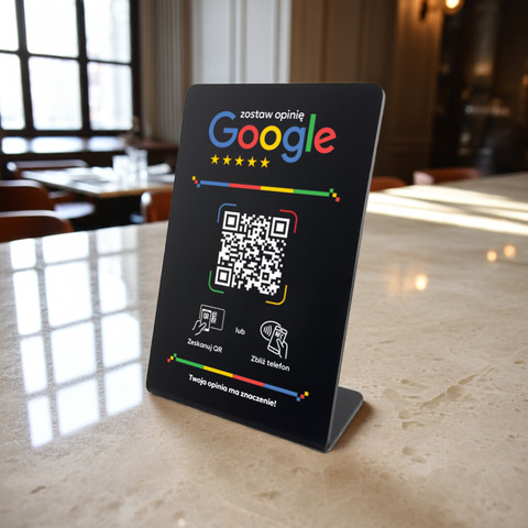 Stojak, prezenter gięty z QR i NFC do zbierania opinii w Google, czarny, wzór 2