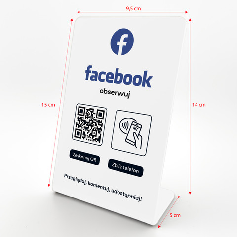Stojak, prezenter gięty z QR i NFC do pozyskiwania obserwujących Facebook, biały, wzór 1