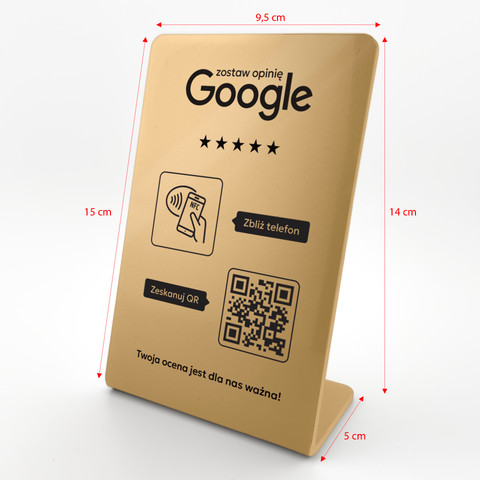 Stojak, prezenter gięty z QR i NFC do zbierania opinii w Google, złoty, wzór 2