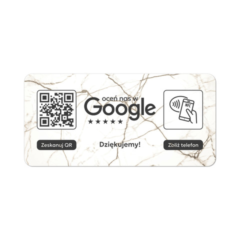 Tabliczka na drzwi lub ścianę z kodem QR i tagiem NFC do zbierania opinii w Google, jasny marmur