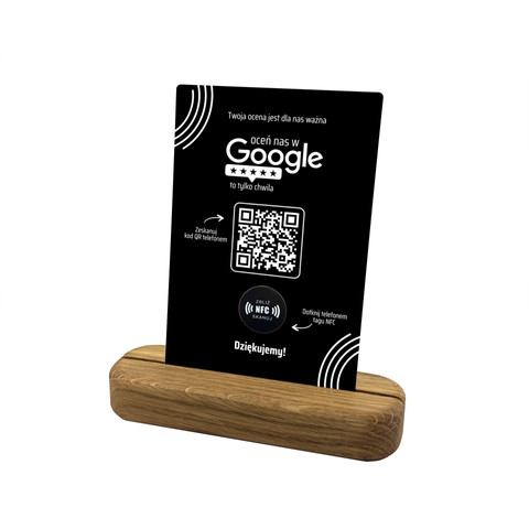 Metalowa karta z QR i NFC do zbierania opinii w Google, czarna, prezenter stojący, 10 cm x 15 cm, podkład dębowy