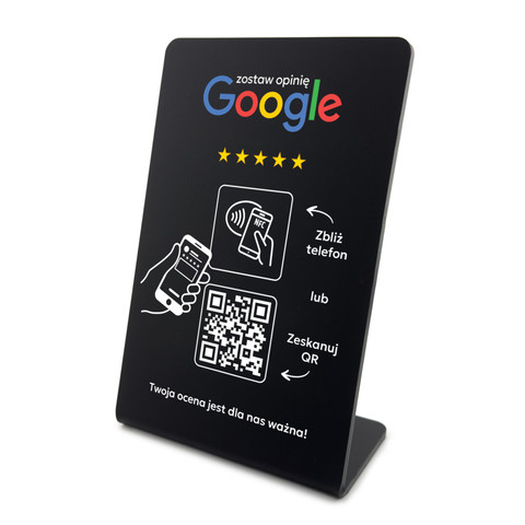 Stojak, prezenter gięty z QR i NFC do zbierania opinii w Google, czarny, wzór 1