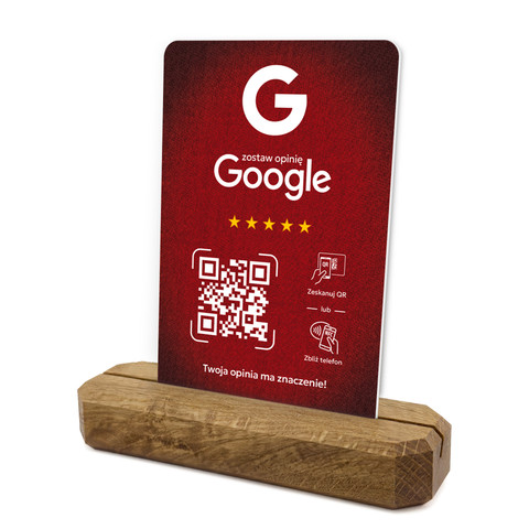 Stojak, prezenter z QR i NFC do zbierania opinii w Google, podstawa drewniana, czerwony, wzór 3