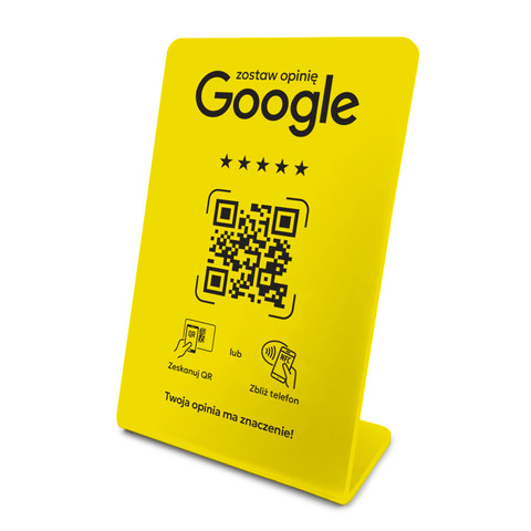 Stojak, prezenter gięty z QR i NFC do zbierania opinii w Google, żółty, wzór 4