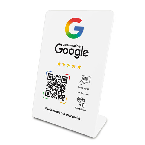 Stojak, prezenter gięty z QR i NFC do zbierania opinii w Google, biały, wzór 3