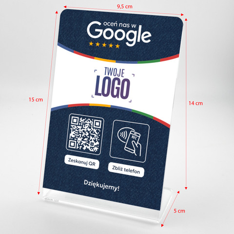 Stojak, prezenter gięty z QR, NFC i logo firmy do zbierania opinii w Google, niebieski
