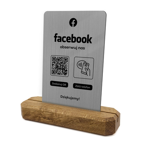 Stojak, karta z QR i NFC do pozyskiwania obserwujących Facebook, podkład dębowy, srebrna