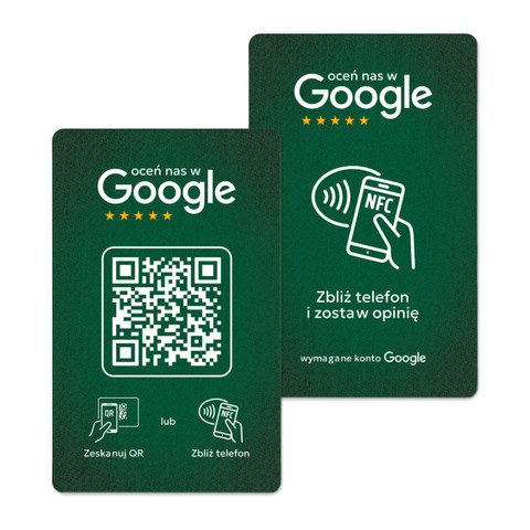 Plastikowa karta, wizytówka z kodem QR i tagiem NFC do zbierania opinii w Google, zielona