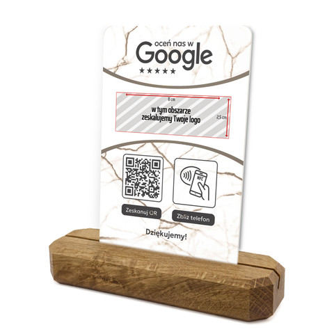 Stojak, prezenter z QR, NFC i logo firmy do zbierania opinii w Google, podkład dębowy, jasny marmur