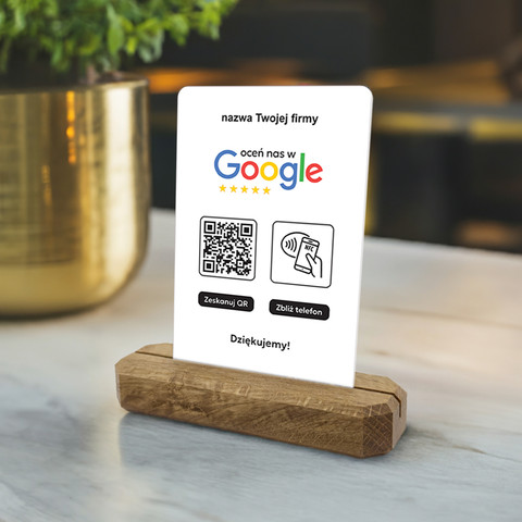 Stojak, prezenter z QR i NFC do zbierania opinii w Google, nazwa firmy, podkład dębowy, biały