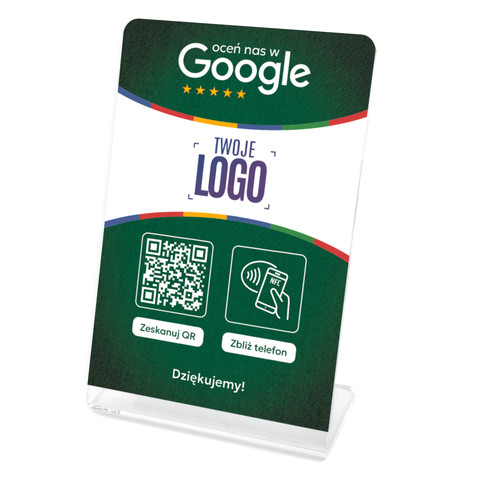 Stojak, prezenter gięty z QR, NFC i logo firmy do zbierania opinii w Google, zielony