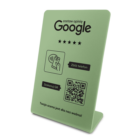 Stojak, prezenter gięty z QR i NFC do zbierania opinii w Google, oliwkowy, wzór 2