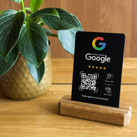 Stojak, prezenter z QR i NFC do zbierania opinii w Google, podstawa drewniana, czarny, wzór 3