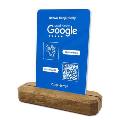 Stojak, prezenter z QR i NFC do zbierania opinii w Google, nazwa firmy, podkład dębowy, niebieski pionowy