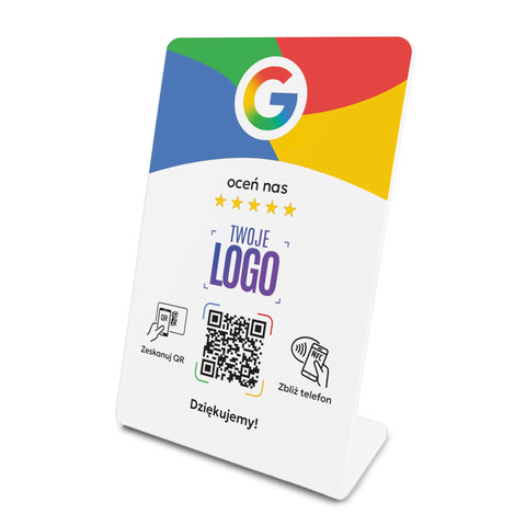 Stojak, prezenter gięty z QR, NFC i logo firmy do zbierania opinii w Google, biały, wzór 2