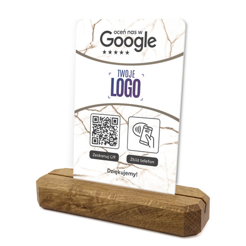 Stojak, prezenter z QR, NFC i logo firmy do zbierania opinii w Google, podkład dębowy, jasny marmur