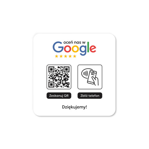 Podkładka na blat lub ladę z kodem QR i tagiem NFC do zbierania opinii w Google, biała