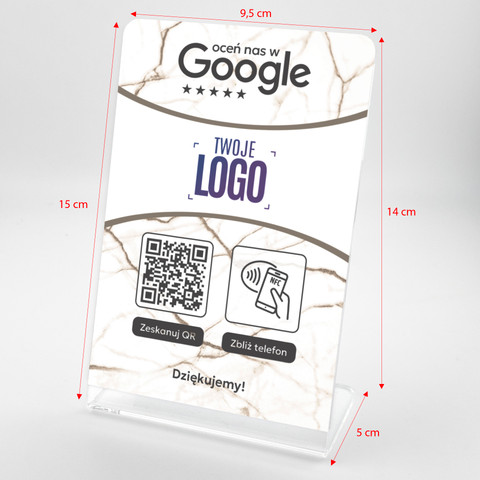 Stojak, prezenter gięty z QR, NFC i logo firmy do zbierania opinii w Google, jasny marmur