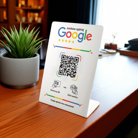 Stojak, prezenter gięty z QR i NFC do zbierania opinii w Google, biały, wzór 3