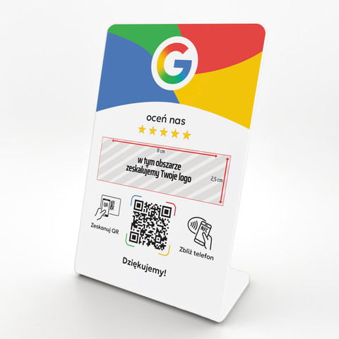 Stojak, prezenter gięty z QR, NFC i logo firmy do zbierania opinii w Google, biały, wzór 2