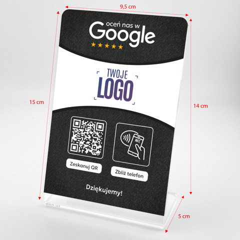 Stojak, prezenter gięty z QR, NFC i logo firmy do zbierania opinii w Google, ciemnoszary