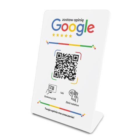 Stojak, prezenter gięty z QR i NFC do zbierania opinii w Google, biały, wzór 3